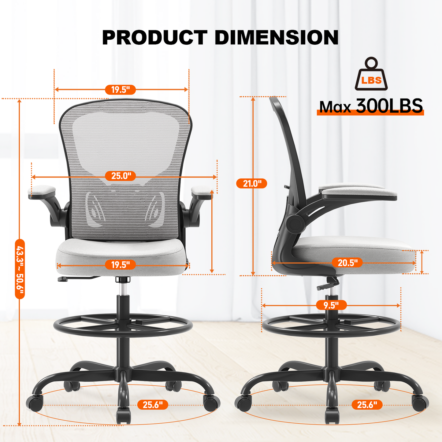 Ergonomic Drafting Chair with Lumbar Support Adjustable Footrest Ring Grey