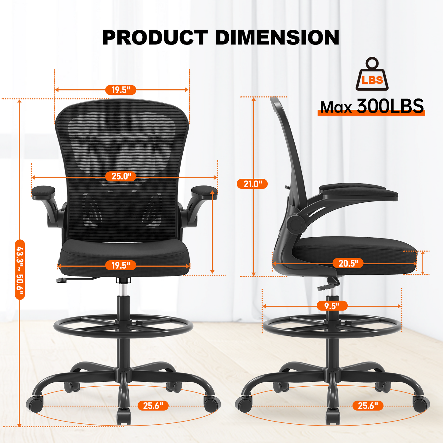 Ergonomic Drafting Chair with Lumbar Support Adjustable Footrest Ring Black