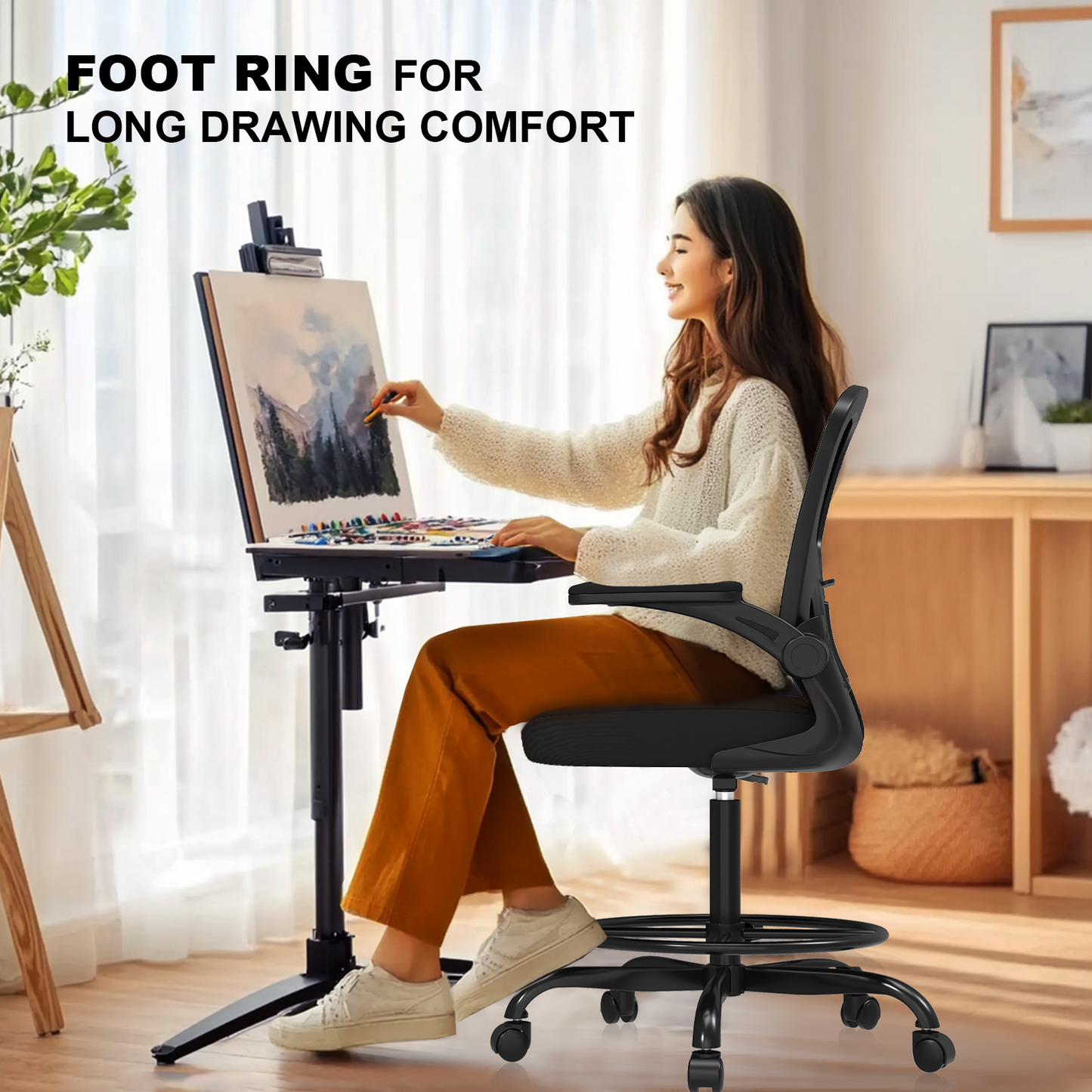 Ergonomic Drafting Chair with Lumbar Support Adjustable Footrest Ring Black