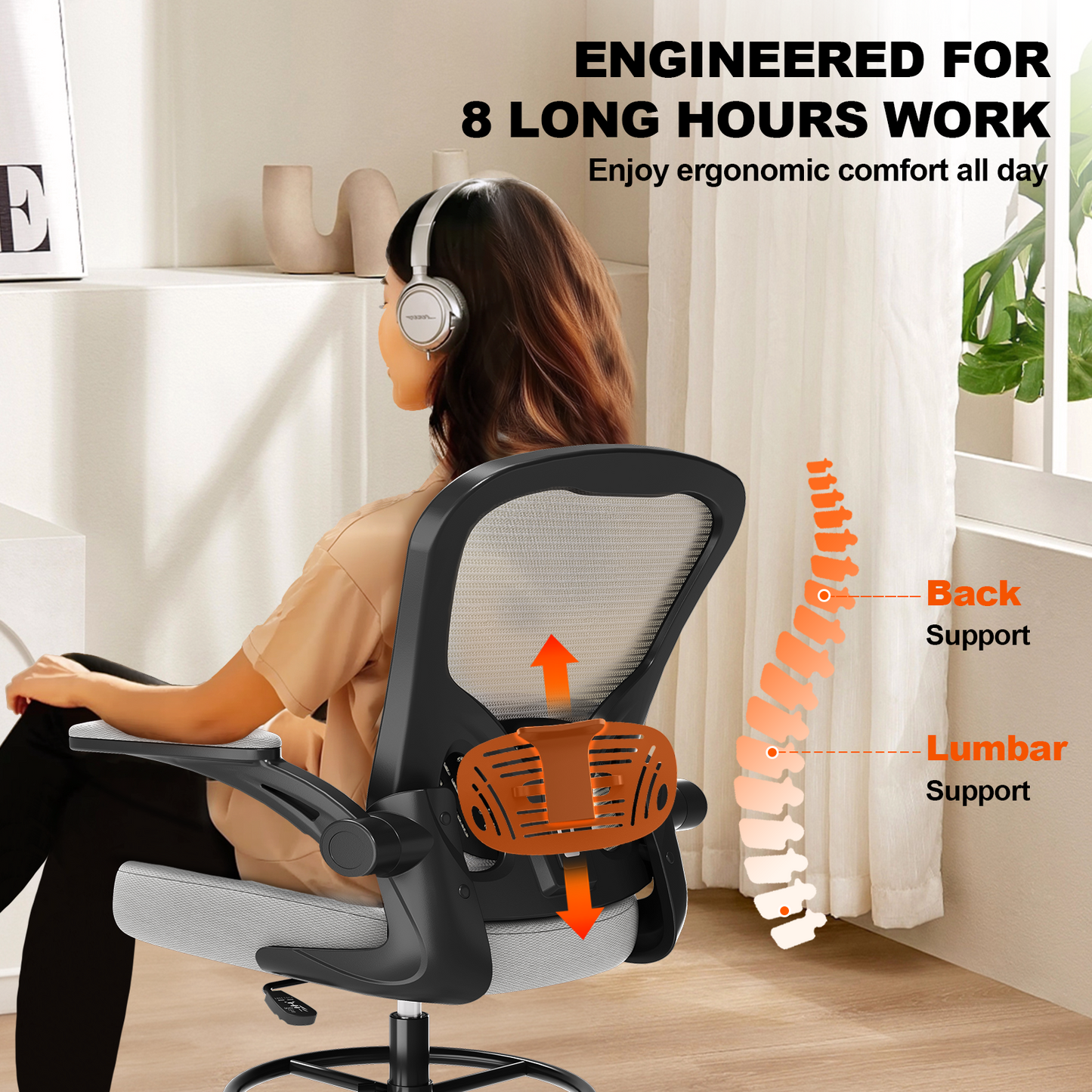 Ergonomic Drafting Chair with Lumbar Support Adjustable Footrest Ring Grey