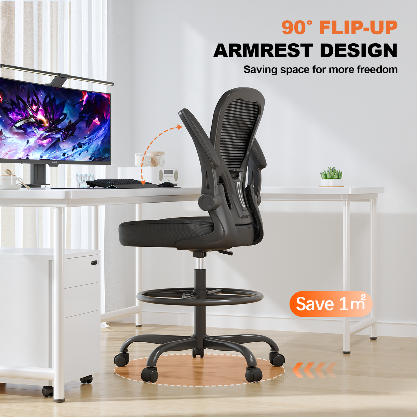 Ergonomic Drafting Chair with Lumbar Support Adjustable Footrest Ring Black