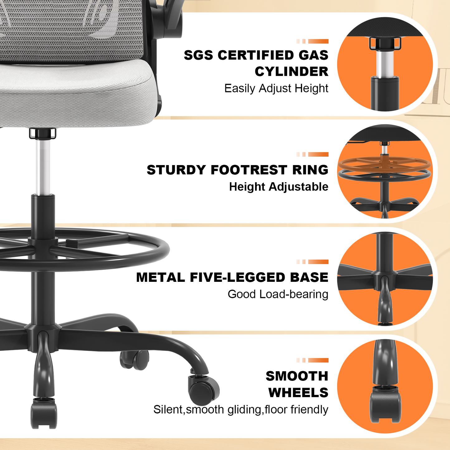 Ergonomic Drafting Chair with Lumbar Support Adjustable Footrest Ring Grey