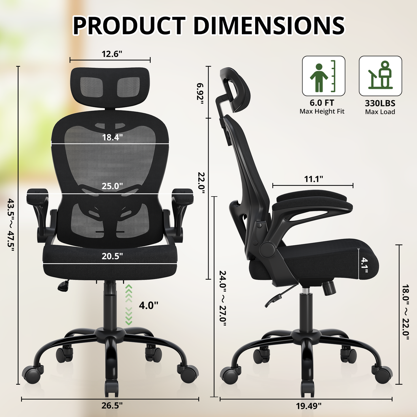 Ergonomic Desk Chair, 330LBS Capacity, High Back Computer Chair with Lumbar Support