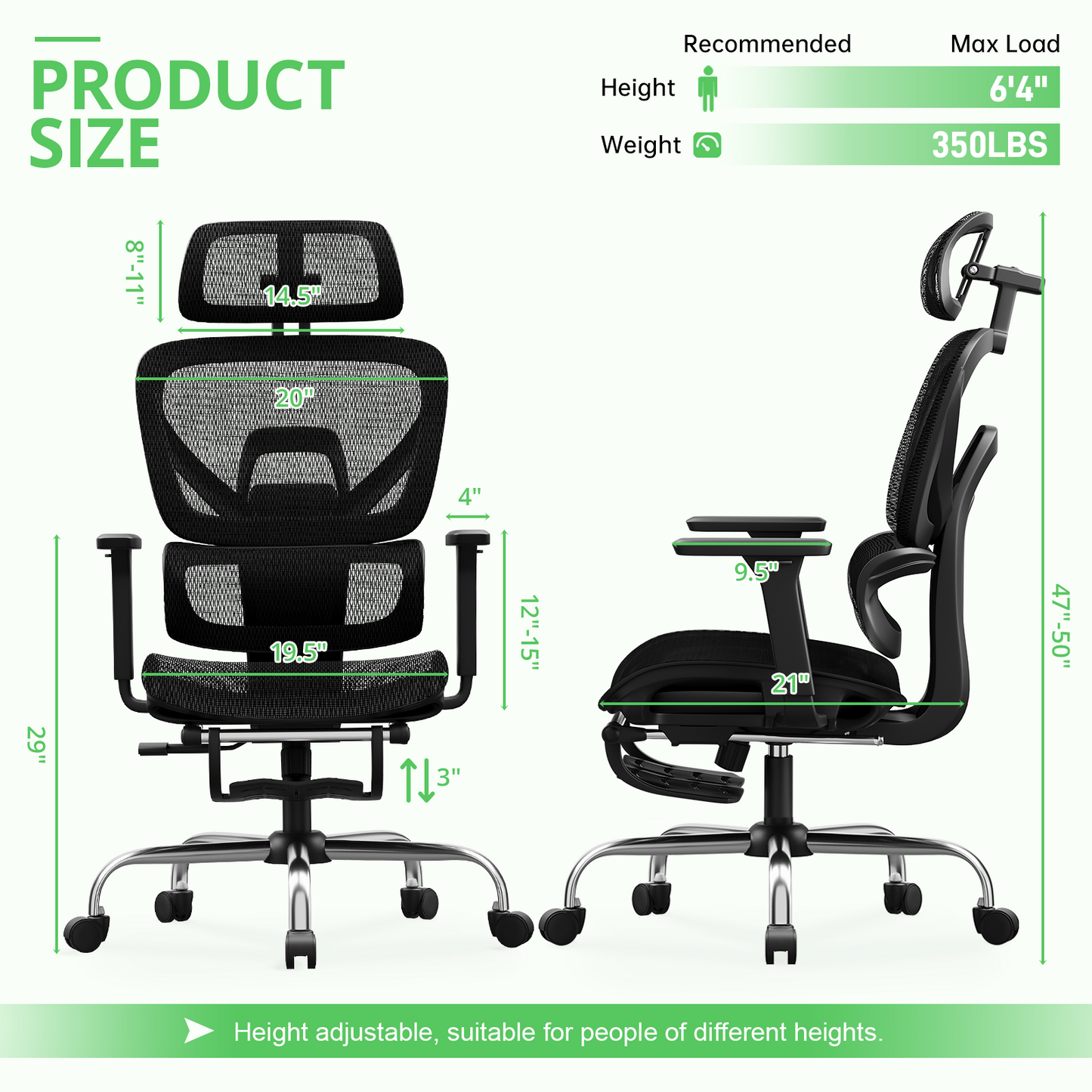 Ergonomic Office Chair with Footrest, Mesh Desk Chair Adjustable Lumbar Support