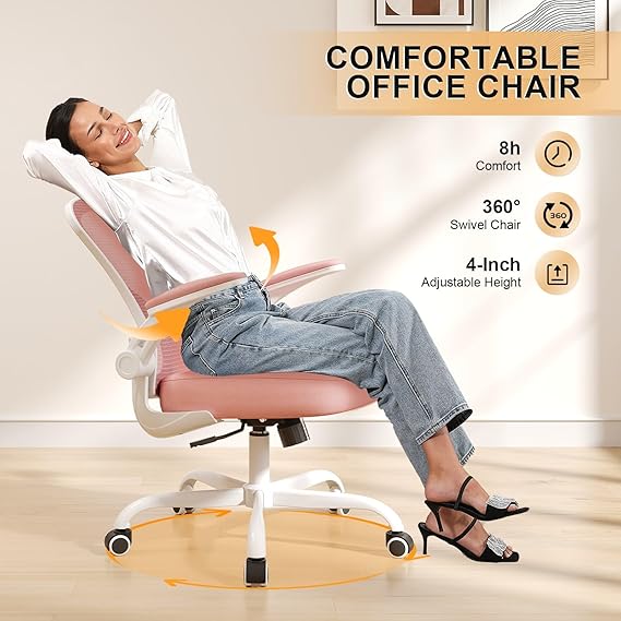 Desk Chair Comfy Home Office Chair Business Computer Chair Ergonomic White+Pink