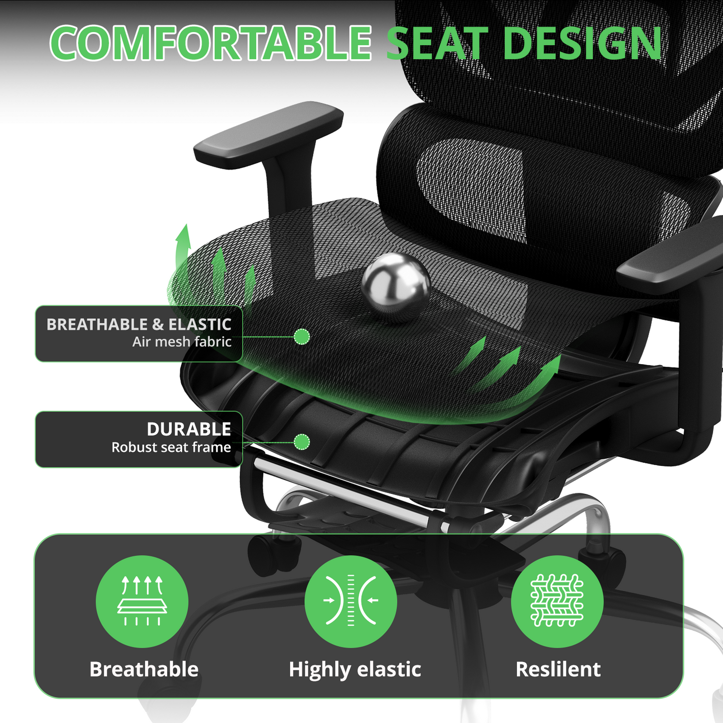 Ergonomic Office Chair with Footrest, Mesh Desk Chair Adjustable Lumbar Support