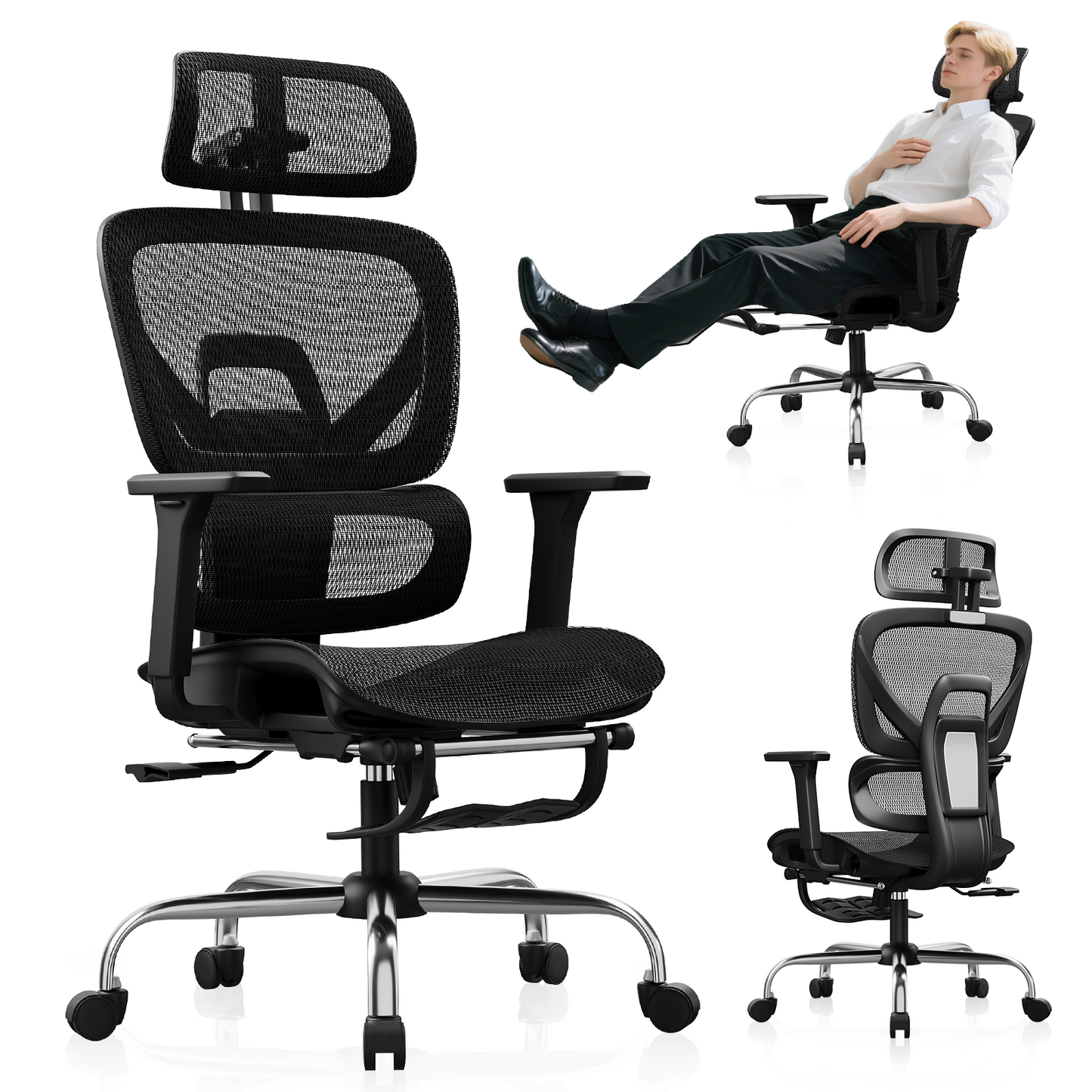 Ergonomic Office Chair with Footrest, Mesh Desk Chair Adjustable Lumbar Support