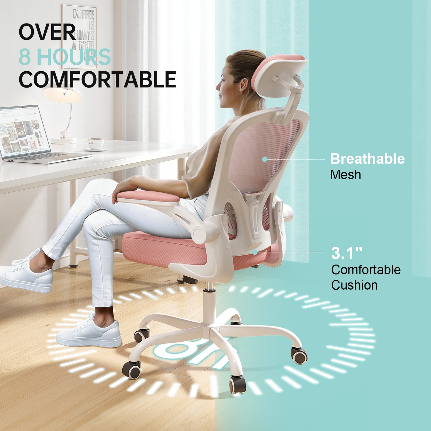 Ergonomic Office Chair Home High Back Desk Chair for Long Hours Comfortable White+Pink