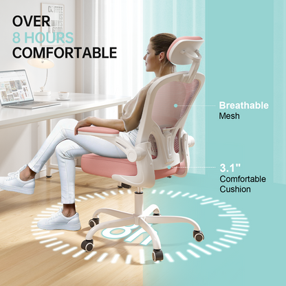 Ergonomic Office Chair Home High Back Desk Chair for Long Hours Comfortable White+Pink