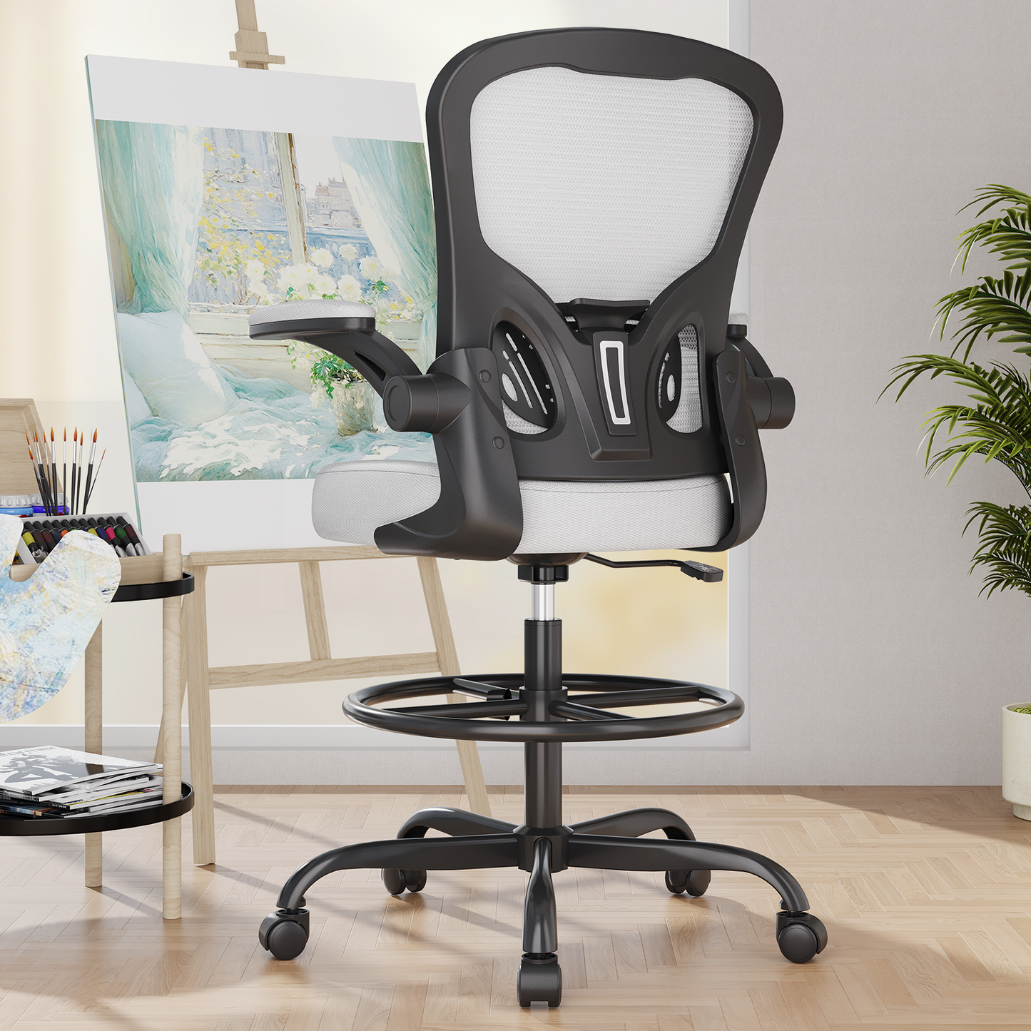 Ergonomic Drafting Chair with Lumbar Support Adjustable Footrest Ring Grey