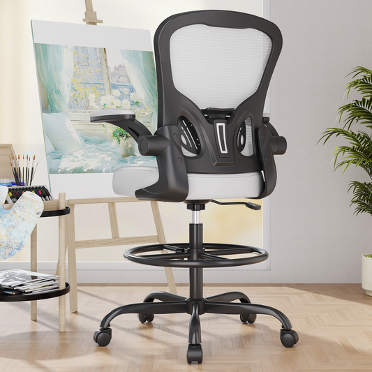 Ergonomic Drafting Chair with Lumbar Support Adjustable Footrest Ring Grey