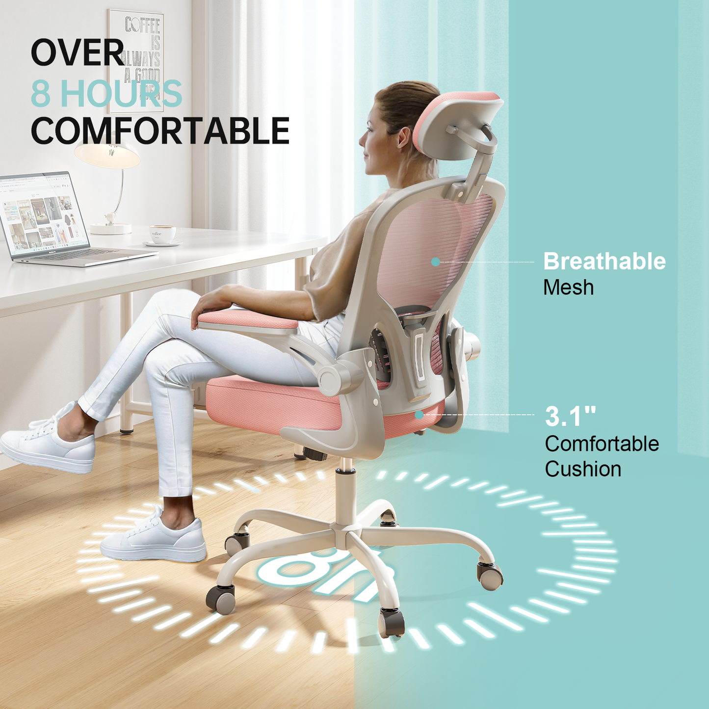 Ergonomic Office Chair Home High Back Desk Chair for Long Hours Comfortable Grey+Pink
