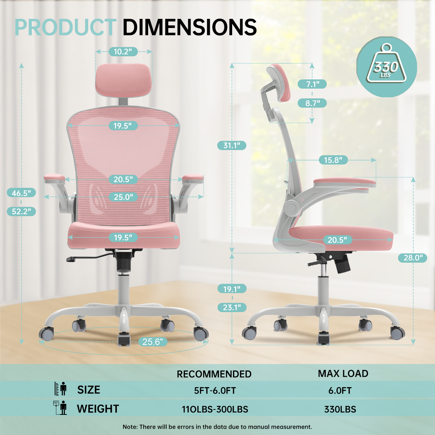 Ergonomic Office Chair Home High Back Desk Chair for Long Hours Comfortable Grey+Pink