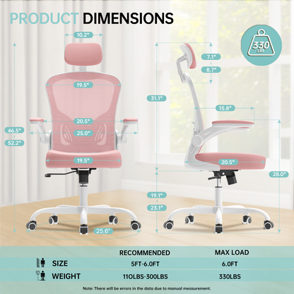 Ergonomic Office Chair Home High Back Desk Chair for Long Hours Comfortable White+Pink