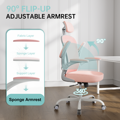 Ergonomic Office Chair Home High Back Desk Chair for Long Hours Comfortable Grey+Pink
