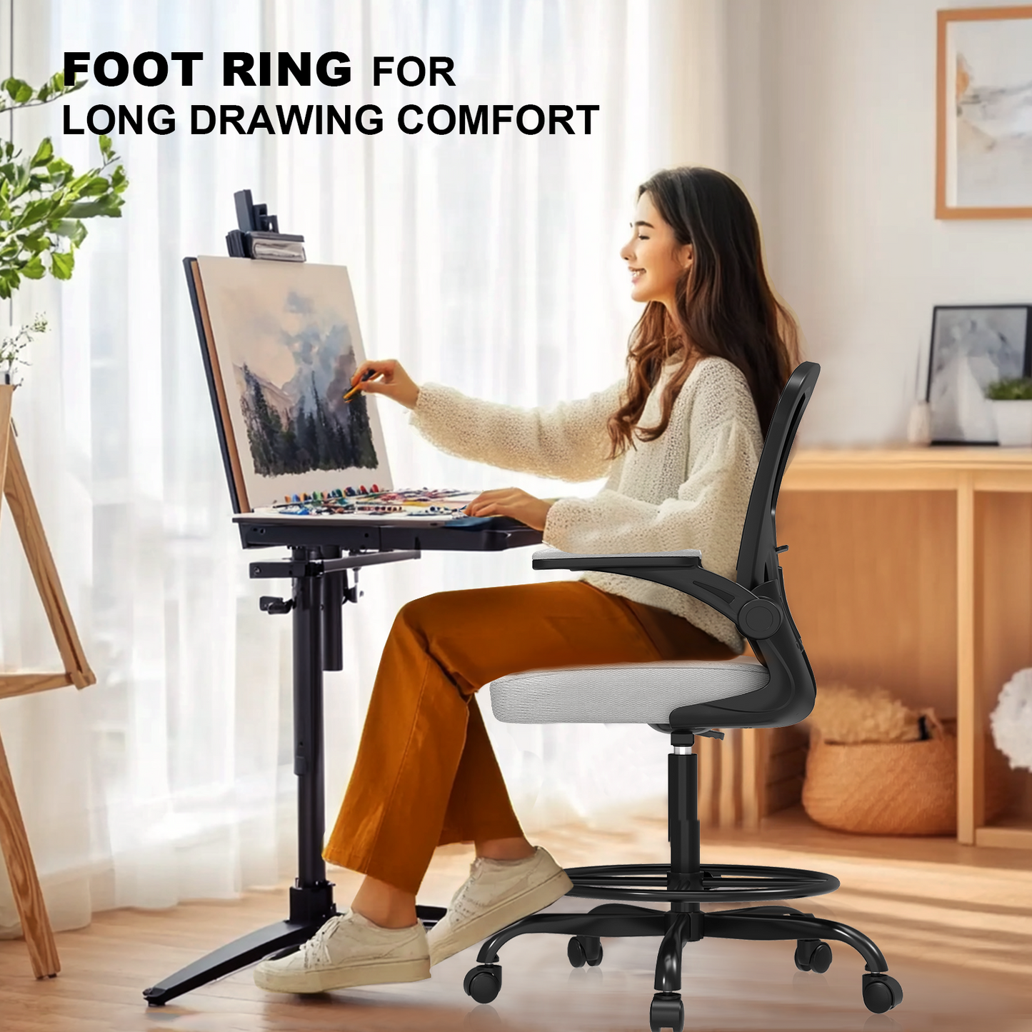 Ergonomic Drafting Chair with Lumbar Support Adjustable Footrest Ring Grey
