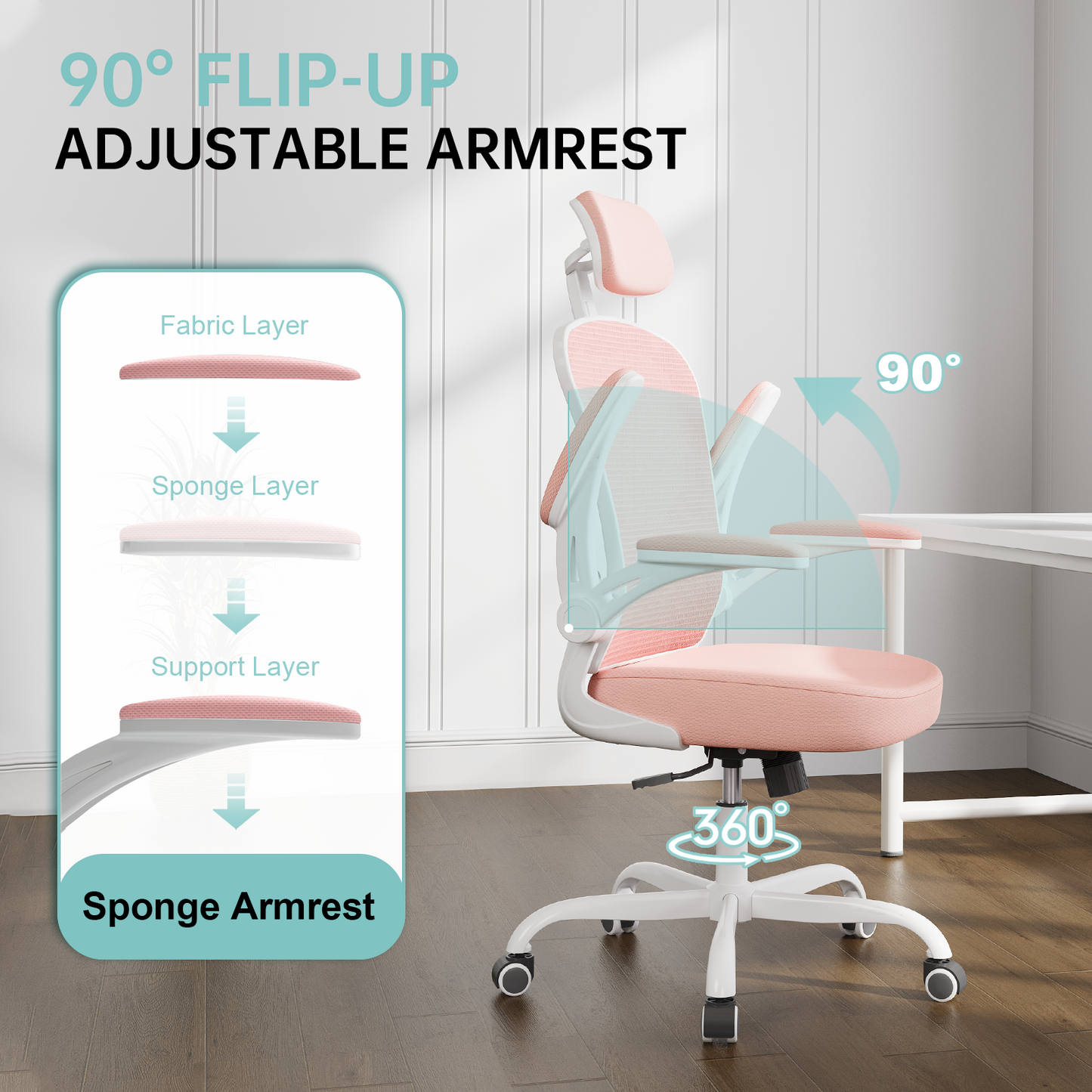 Ergonomic Office Chair Home High Back Desk Chair for Long Hours Comfortable White+Pink