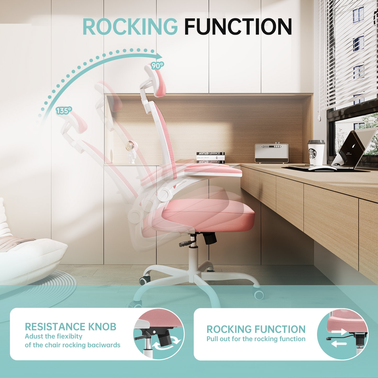 Ergonomic Office Chair Home High Back Desk Chair for Long Hours Comfortable White+Pink