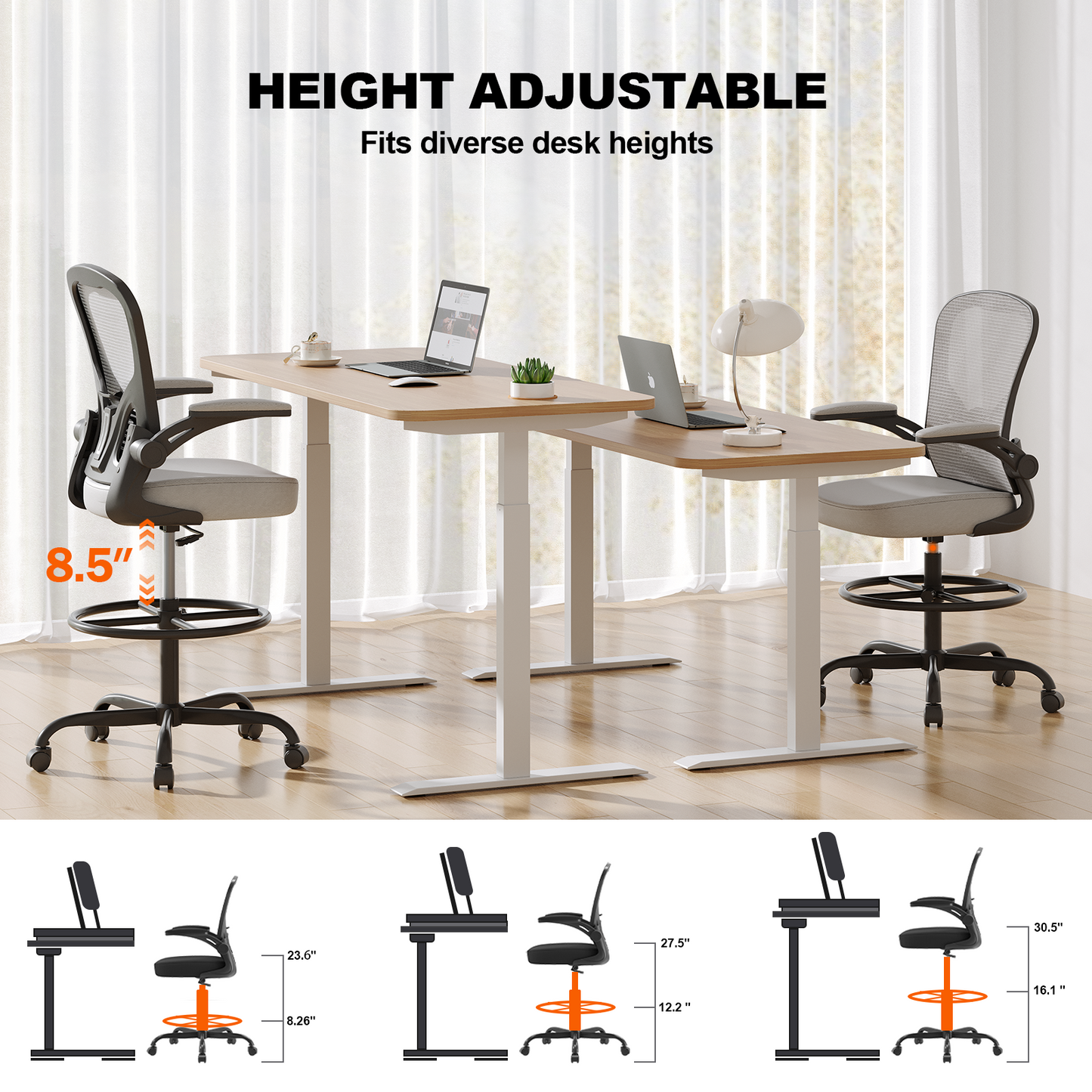 Ergonomic Drafting Chair with Lumbar Support Adjustable Footrest Ring Grey