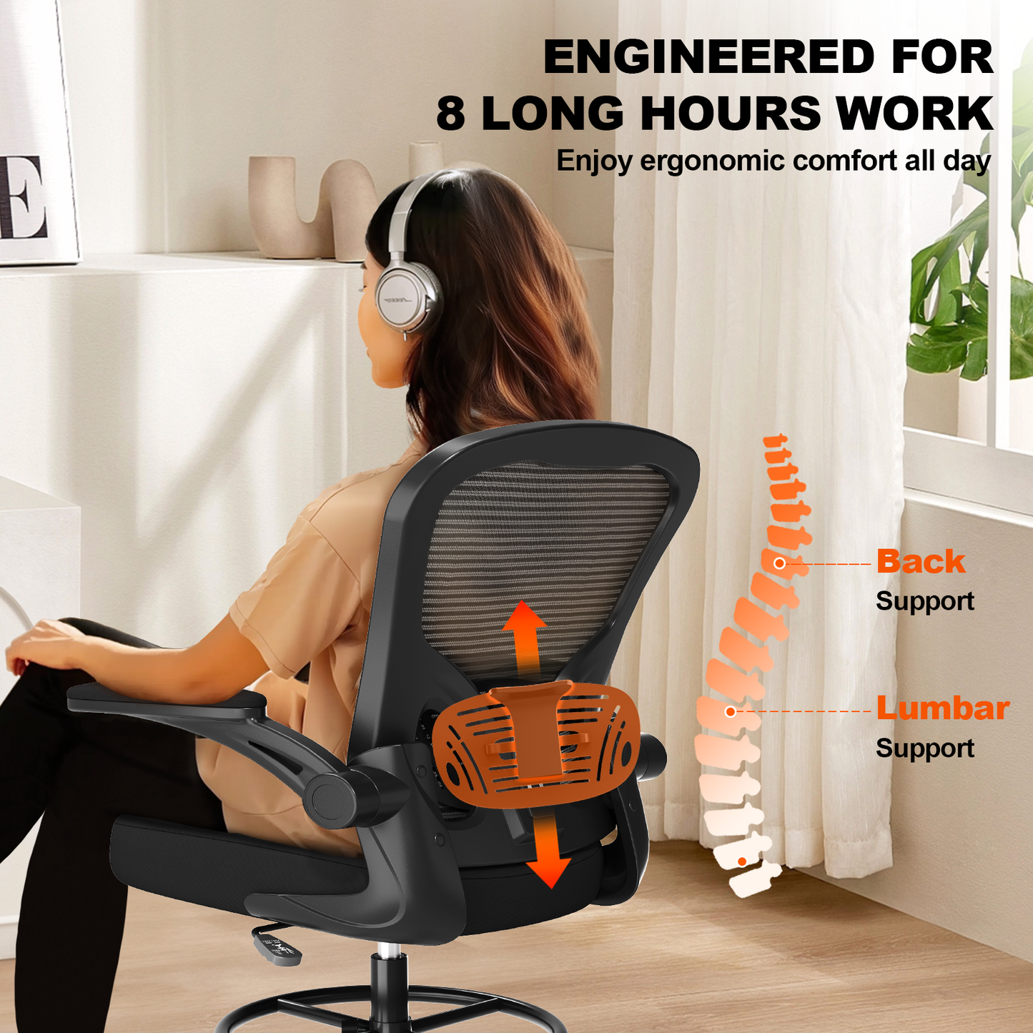 Ergonomic Drafting Chair with Lumbar Support Adjustable Footrest Ring Black