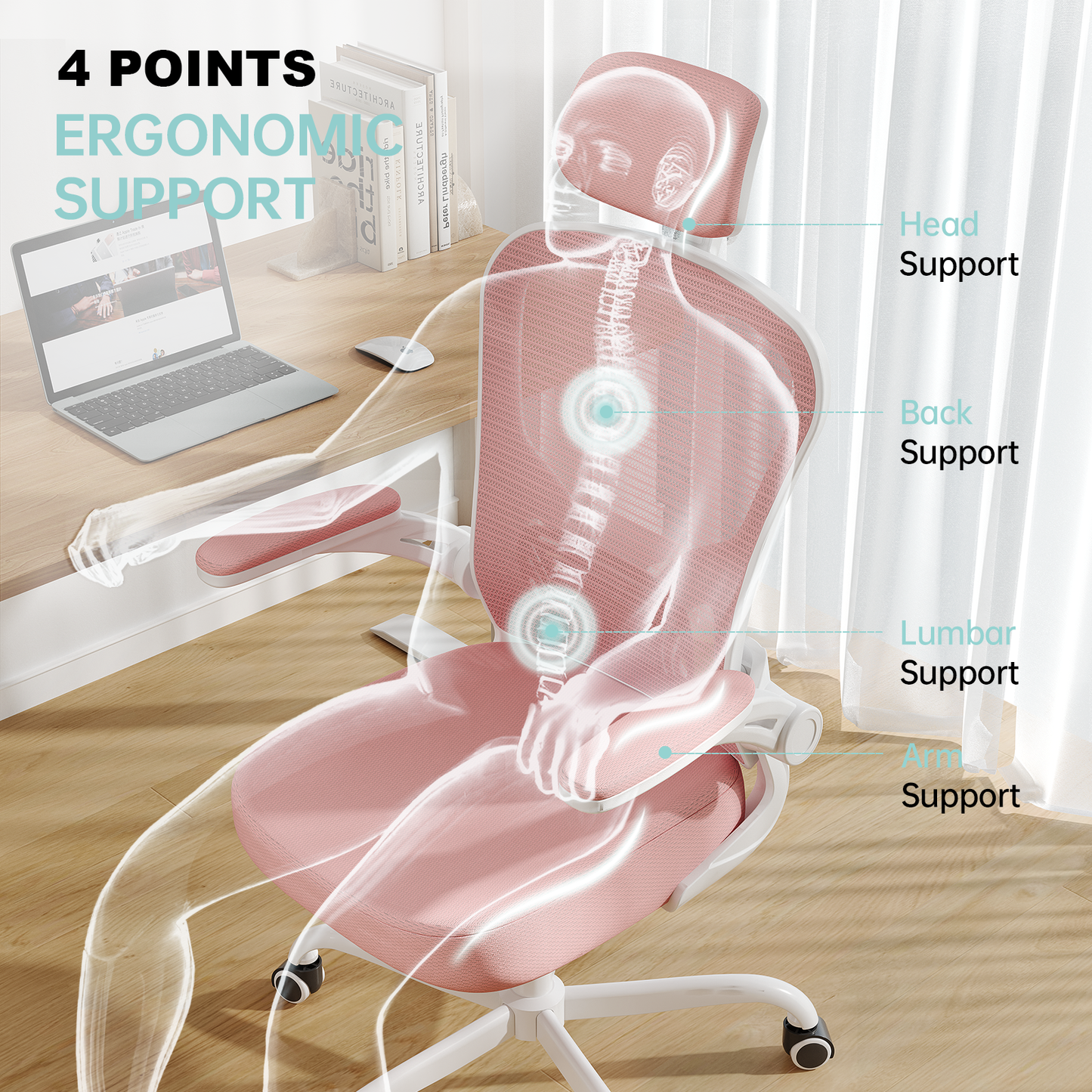 Ergonomic Office Chair Home High Back Desk Chair for Long Hours Comfortable White+Pink