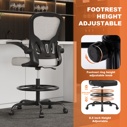 Ergonomic Drafting Chair with Lumbar Support Adjustable Footrest Ring Grey