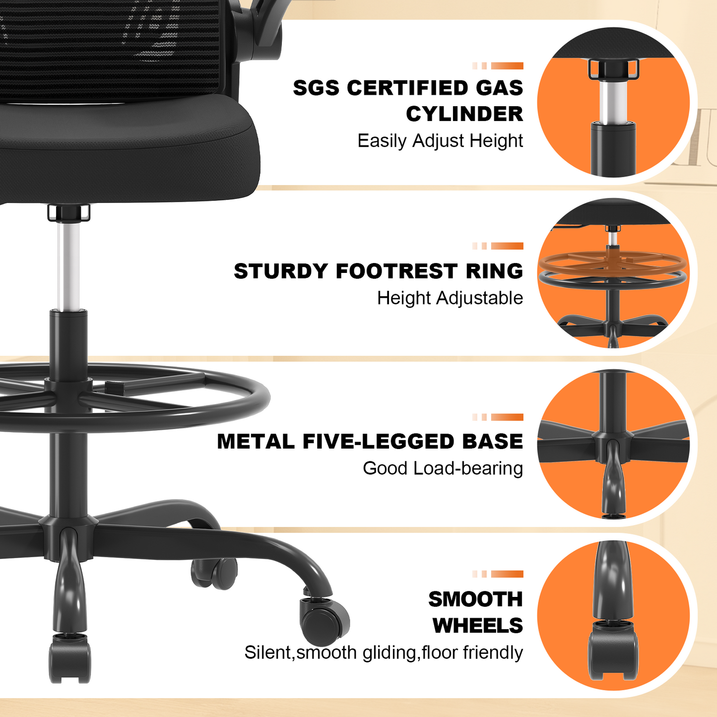 Ergonomic Drafting Chair with Lumbar Support Adjustable Footrest Ring Black