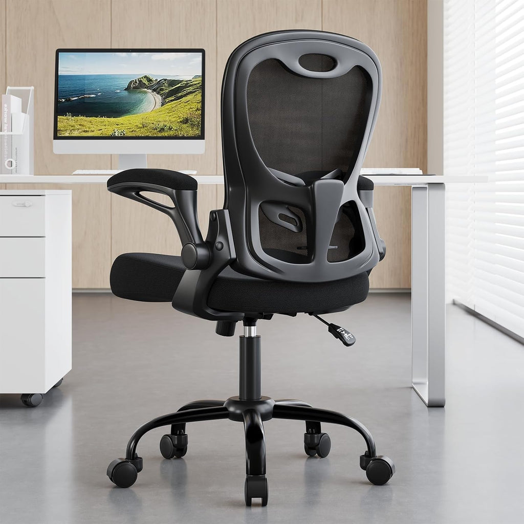 Office Chair 330 lbs Capacity, Ergonomic Breathable Mesh Desk Chair with Lumbar Support & Flip-Up Armrest, High Back Computer Chair for Home Office, Black