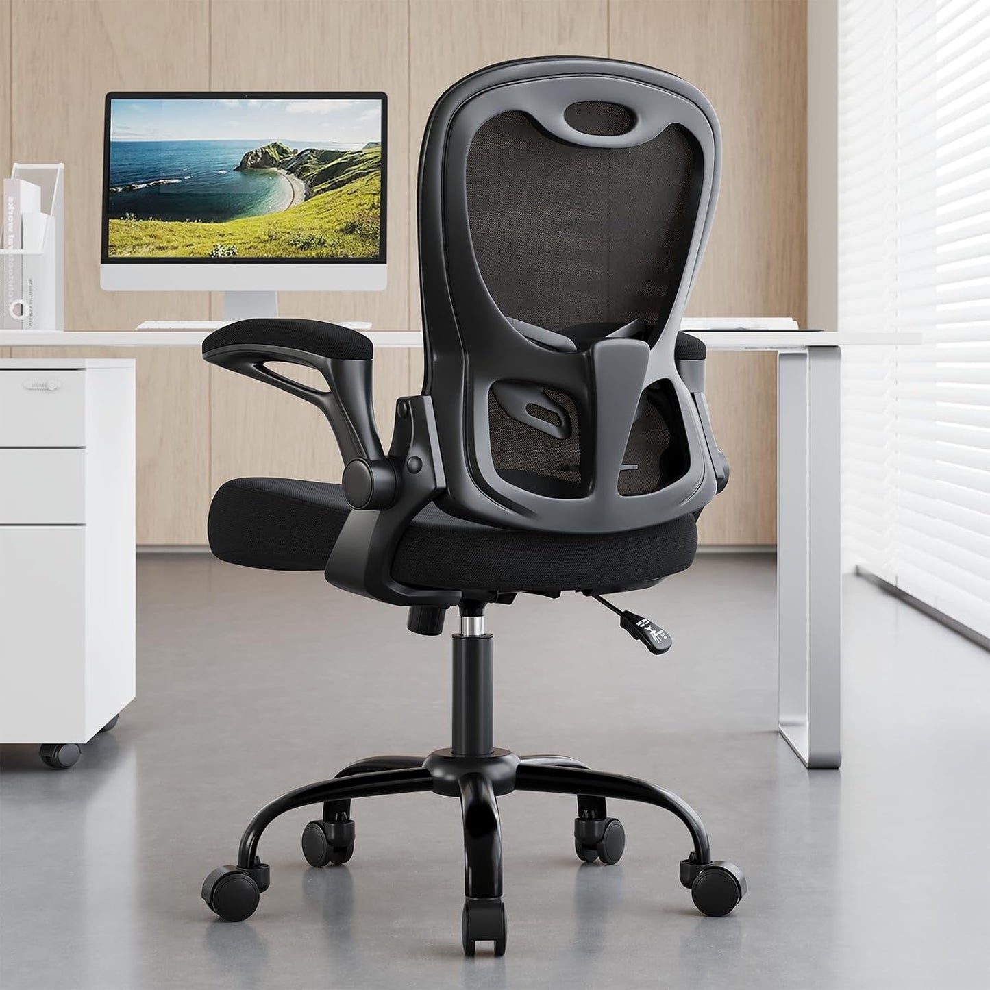Office Chair 330 lbs Capacity, Ergonomic Breathable Mesh Desk Chair with Lumbar Support & Flip-Up Armrest, High Back Computer Chair for Home Office, Black