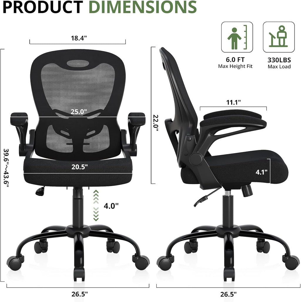 Office Chair 330 lbs Capacity, Ergonomic Breathable Mesh Desk Chair with Lumbar Support & Flip-Up Armrest, High Back Computer Chair for Home Office, Black