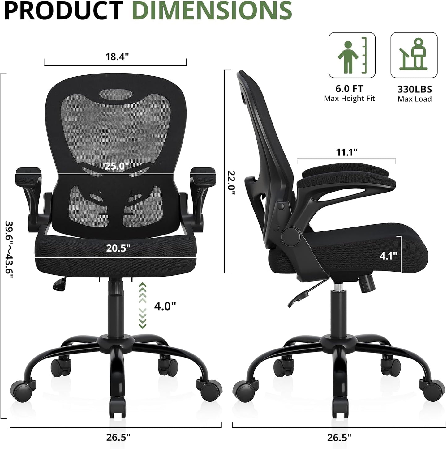 Office Chair 330 lbs Capacity, Ergonomic Breathable Mesh Desk Chair with Lumbar Support & Flip-Up Armrest, High Back Computer Chair for Home Office, Black