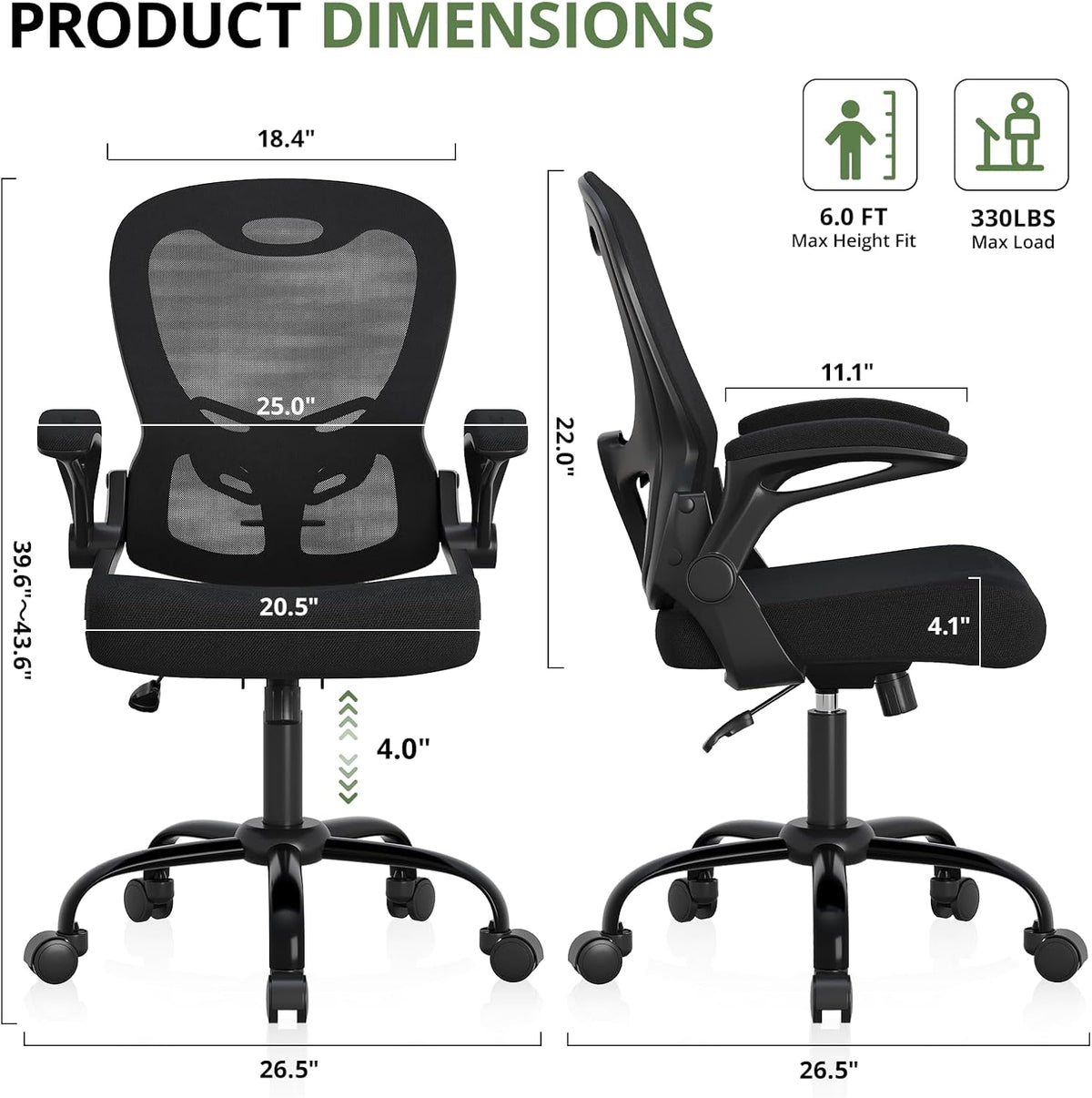 Office Chair 330 lbs Capacity, Ergonomic Breathable Mesh Desk Chair with Lumbar Support & Flip-Up Armrest, High Back Computer Chair for Home Office, Black