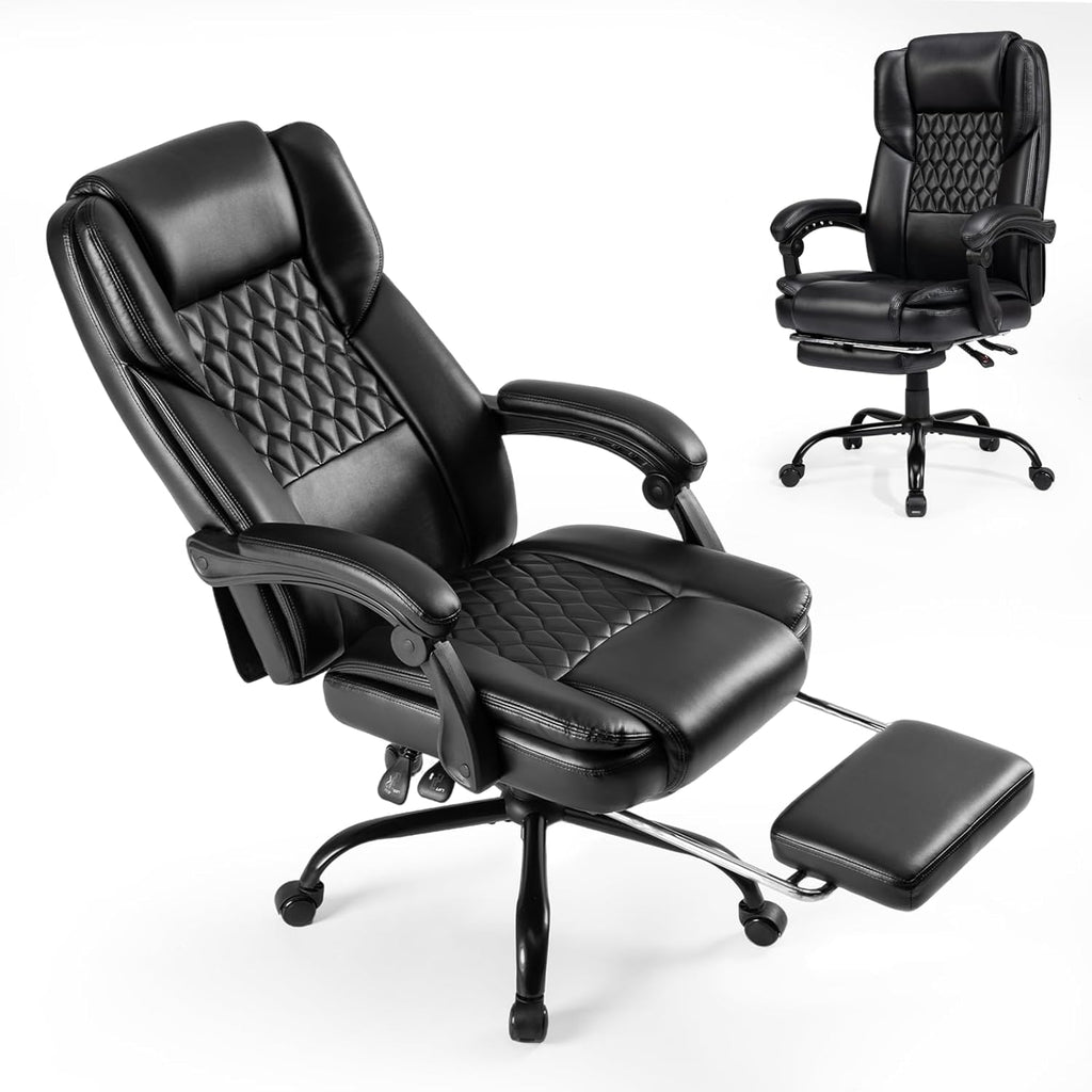 350lbs Big and Tall Executive Office Chair with Footrest | Reclining ,Wide Seat with Pocket Spring,Lumbar Support and Pillow,High Back Leather Desk Chair