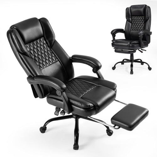 350lbs Big and Tall Executive Office Chair with Footrest | Reclining ,Wide Seat with Pocket Spring,Lumbar Support and Pillow,High Back Leather Desk Chair