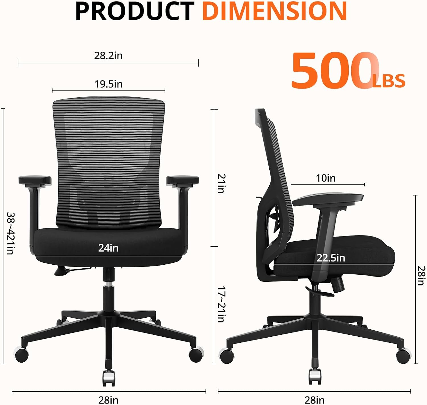 500 lbs Big and Tall Office Chair with Spring-Supported for Heavy People | Comfort Extra-Wide Seat Cushion, 3D Armrests, Heavy Duty Mesh Desk Chairs,Breathable