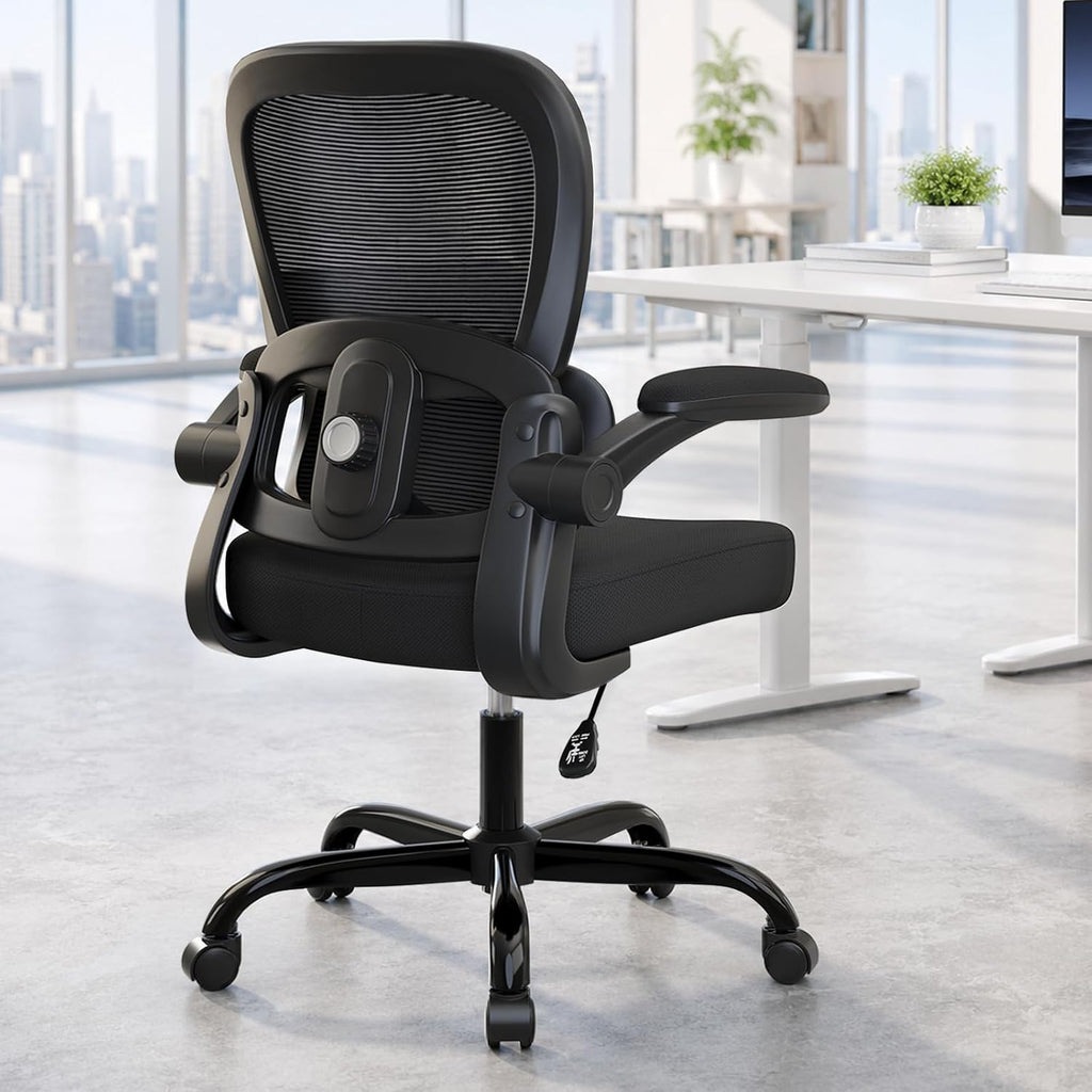 Ergonomic Mesh Office Chair with Adjustable Lumbar Support, Black | 330 LB Capacity,Flip-Up Arms,All-Day Comfort,Desk chairs,Breathable Mesh