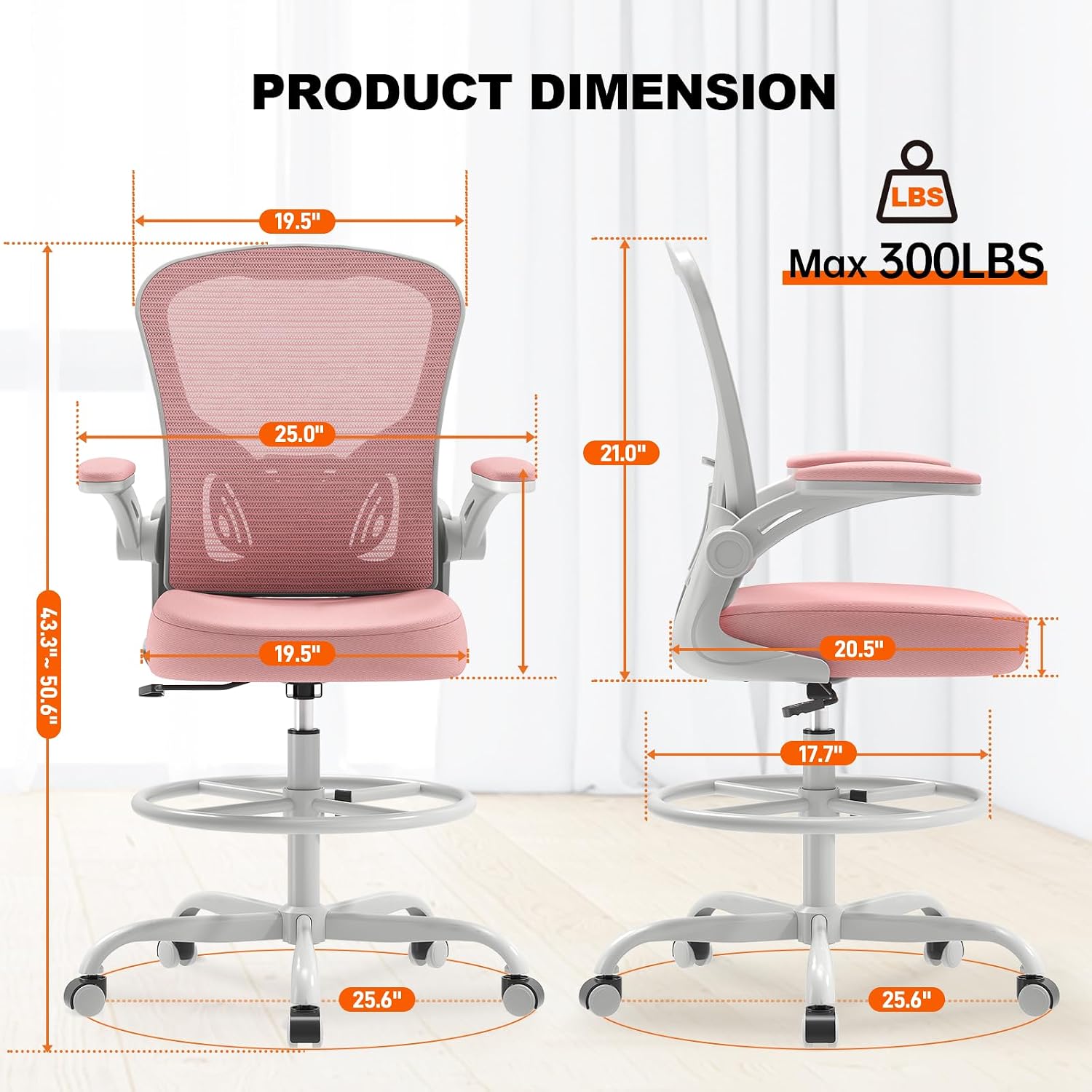 Ergonomic Tall Drafting Chair-Mesh Desk Chair with Flip-Up Arms | Adjustable Height,Lumbar Support,Adjustable Footrest Ring,Standing Desk,Breathable Backrest