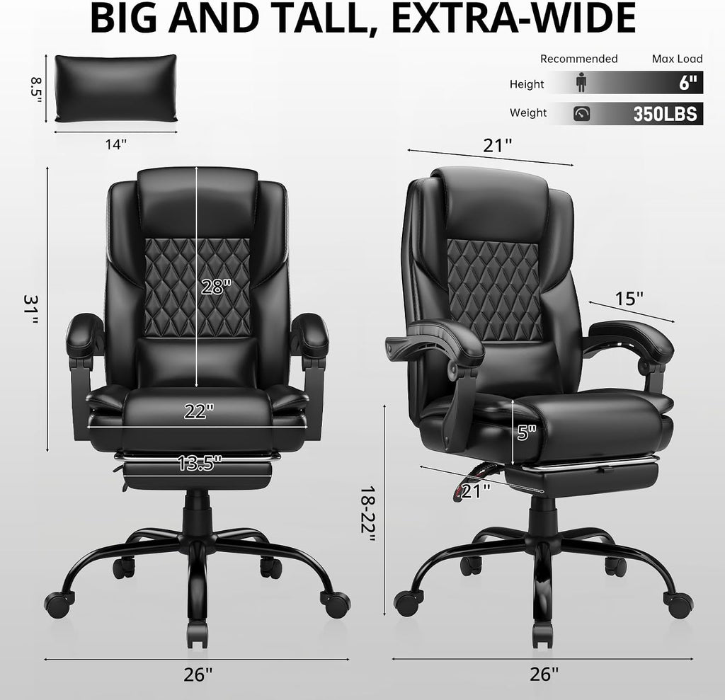 350lbs Big and Tall Executive Office Chair with Footrest | Reclining ,Wide Seat with Pocket Spring,Lumbar Support and Pillow,High Back Leather Desk Chair