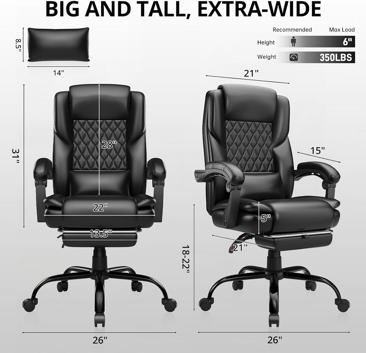 350lbs Big and Tall Executive Office Chair with Footrest | Reclining ,Wide Seat with Pocket Spring,Lumbar Support and Pillow,High Back Leather Desk Chair