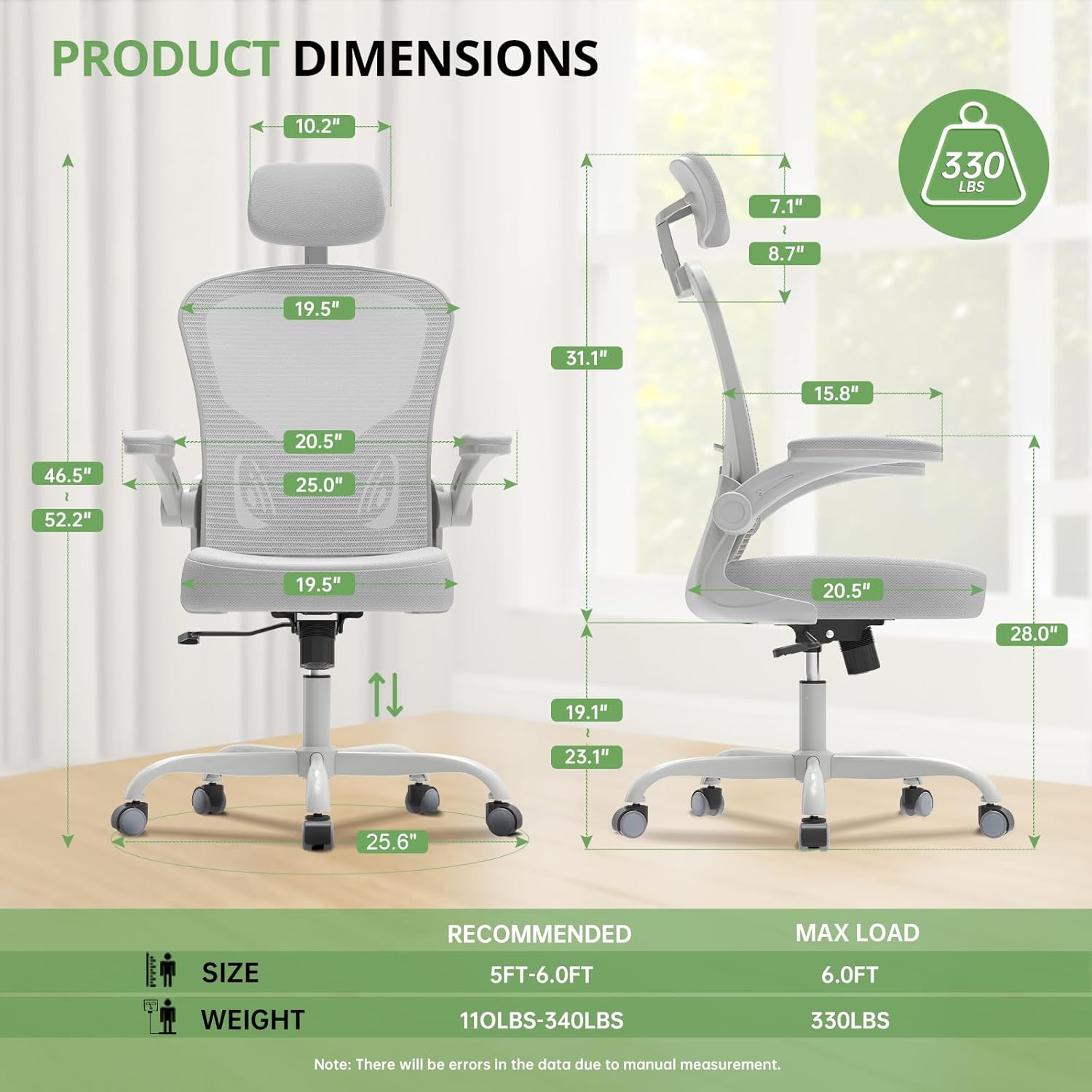 Office Chair|330LBS Capacity Ergonomic Desk Chair | High Back Computer Chair,Long Hours Comfortable,Rolling Swivel,Flip-up Armrests,Home Office