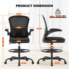 Ergonomic Tall Drafting Chair-Mesh Desk Chair with Flip-Up Arms | Adjustable Height,Lumbar Support,Adjustable Footrest Ring,Standing Desk,Breathable Backrest