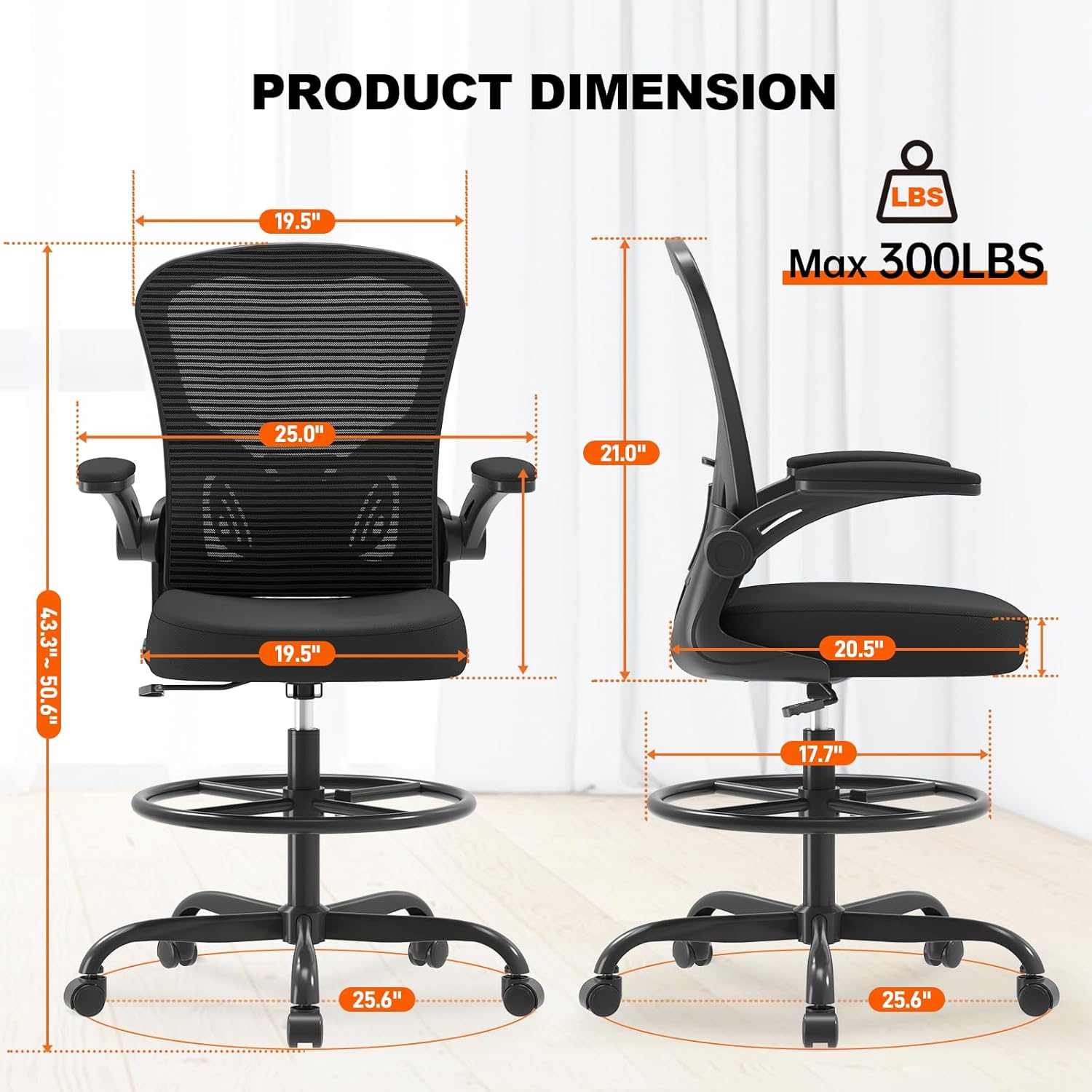 Ergonomic Tall Drafting Chair-Mesh Desk Chair with Flip-Up Arms | Adjustable Height,Lumbar Support,Adjustable Footrest Ring,Standing Desk,Breathable Backrest