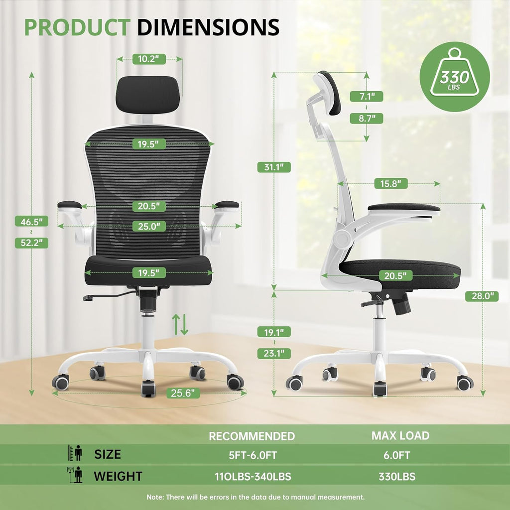 Office Chair|330LBS Capacity Ergonomic Desk Chair | High Back Computer Chair,Long Hours Comfortable,Rolling Swivel,Flip-up Armrests,Home Office