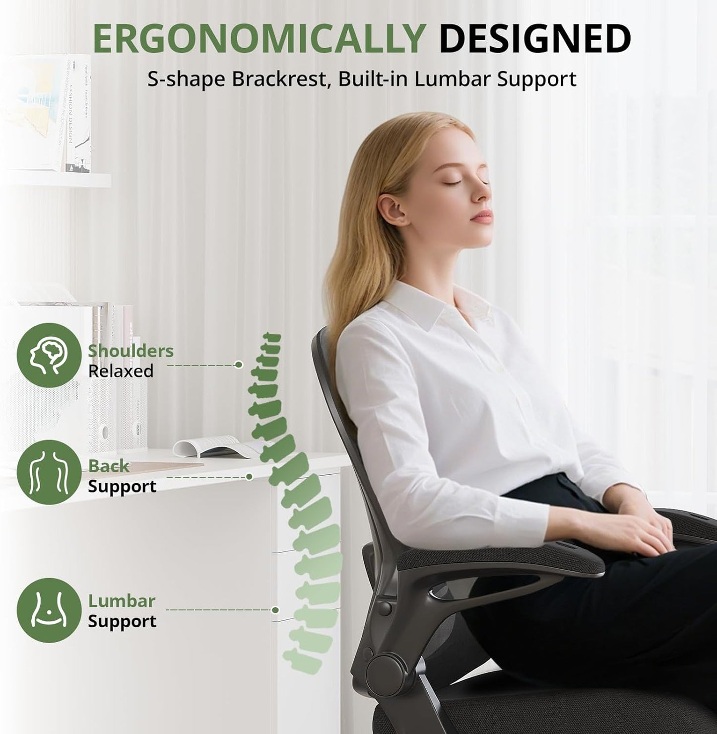 Office Chair 330 lbs Capacity, Ergonomic Breathable Mesh Desk Chair with Lumbar Support & Flip-Up Armrest, High Back Computer Chair for Home Office, Black
