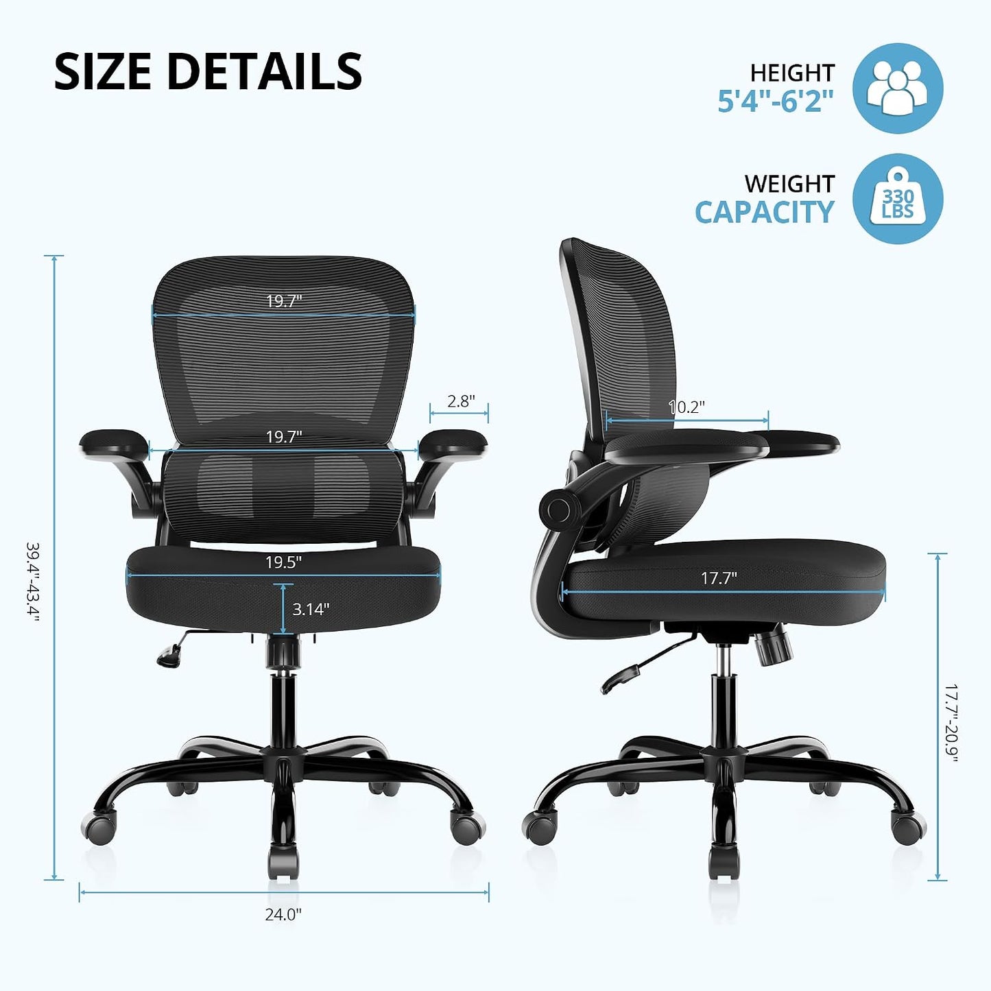 Ergonomic Mesh Office Chair with Adjustable Lumbar Support, Black | 330 LB Capacity,Flip-Up Arms,All-Day Comfort,Desk chairs,Breathable Mesh