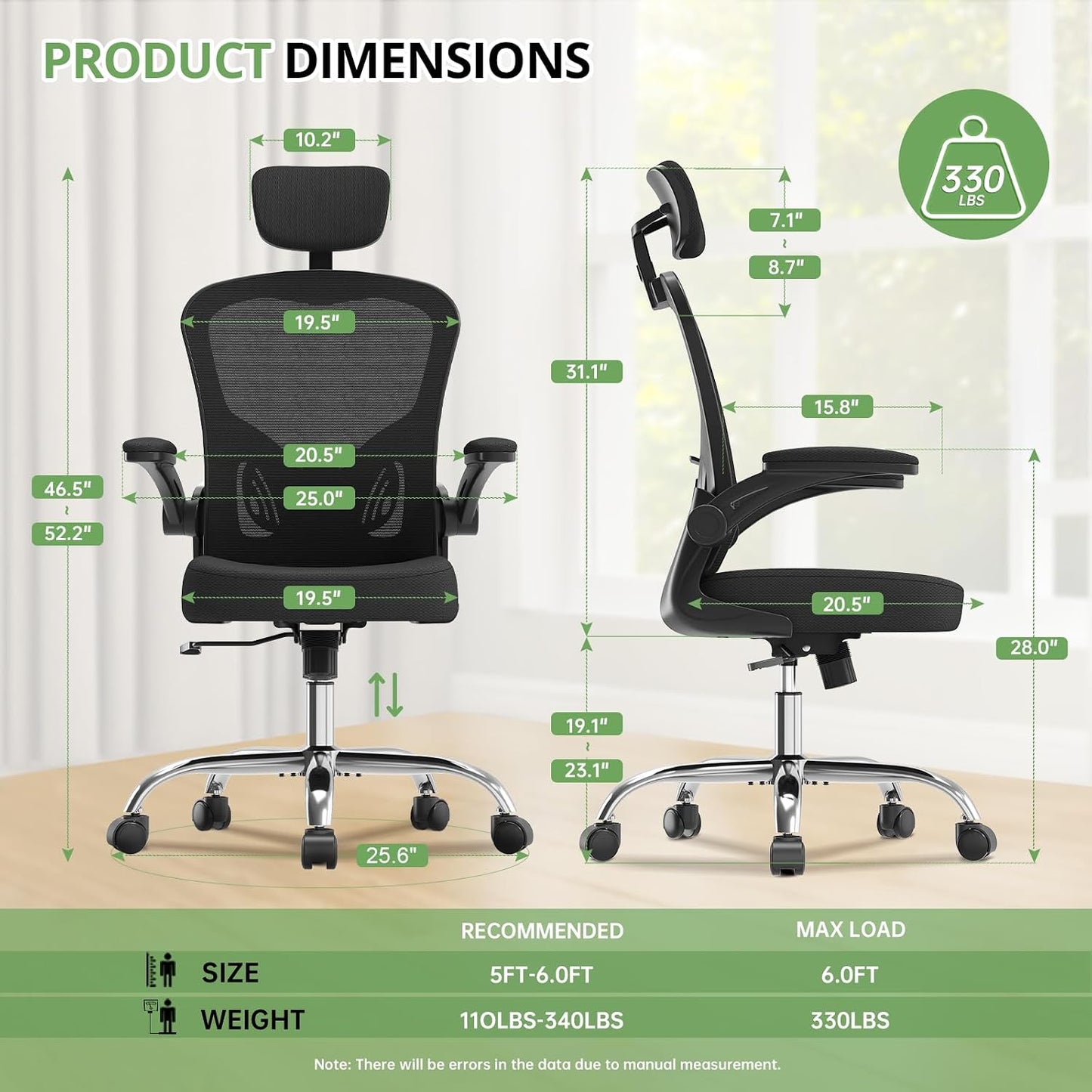 Office Chair|330LBS Capacity Ergonomic Desk Chair | High Back Computer Chair,Long Hours Comfortable,Rolling Swivel,Flip-up Armrests,Home Office