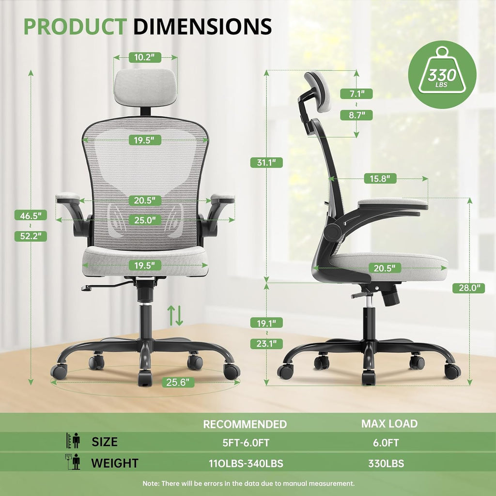 Office Chair|330LBS Capacity Ergonomic Desk Chair | High Back Computer Chair,Long Hours Comfortable,Rolling Swivel,Flip-up Armrests,Home Office
