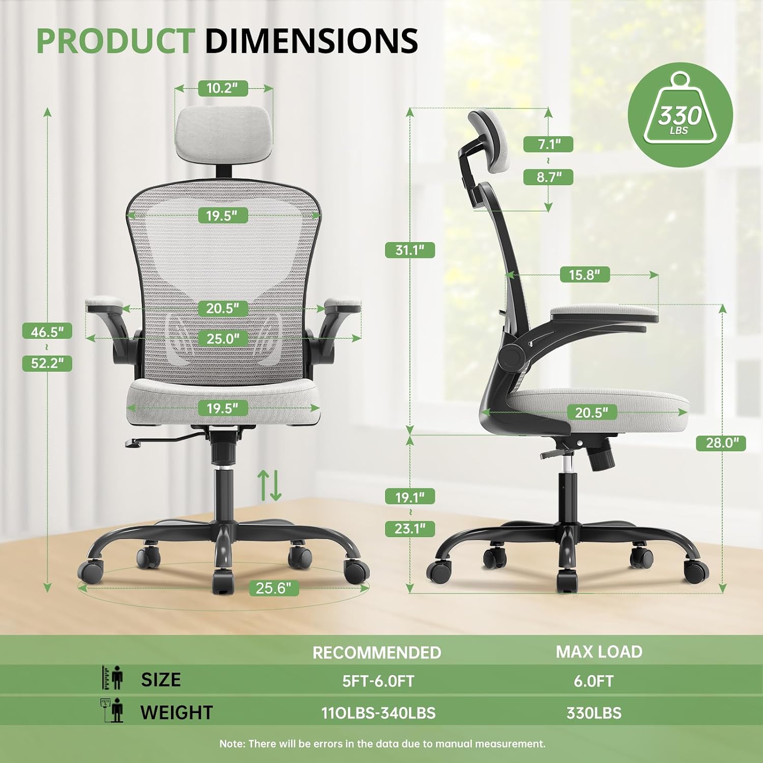 Office Chair|330LBS Capacity Ergonomic Desk Chair | High Back Computer Chair,Long Hours Comfortable,Rolling Swivel,Flip-up Armrests,Home Office