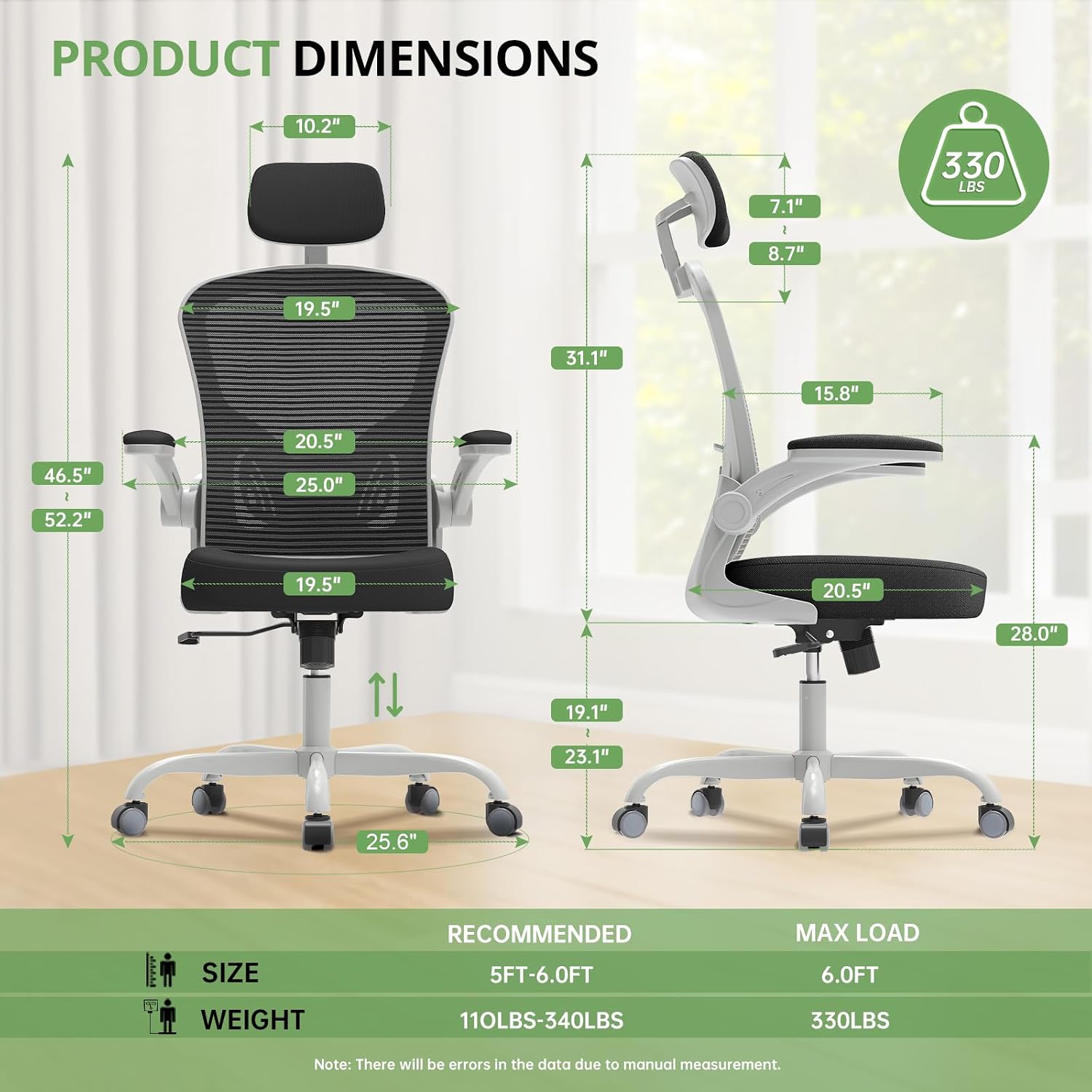 Office Chair|330LBS Capacity Ergonomic Desk Chair | High Back Computer Chair,Long Hours Comfortable,Rolling Swivel,Flip-up Armrests,Home Office