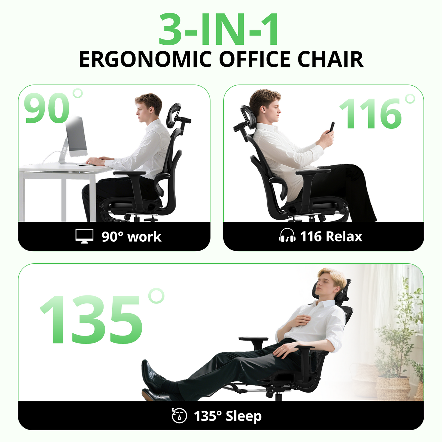 Ergonomic Office Chair with Footrest, Mesh Desk Chair Adjustable Lumbar Support